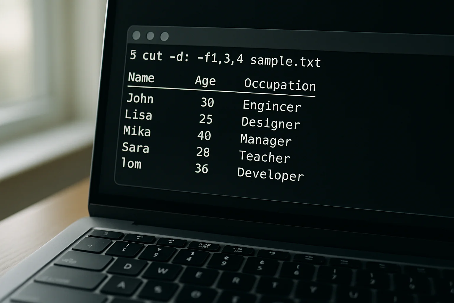 Écran d’ordinateur portable affichant un terminal où un fichier texte simple est présenté en lignes, avec seulement certaines colonnes visibles dans la sortie.
