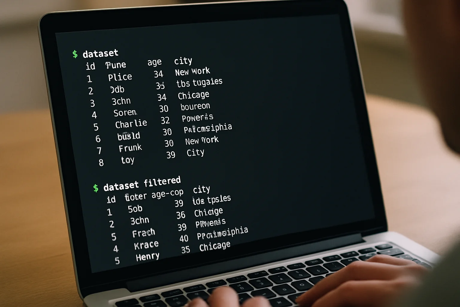 Terminal sur un ordinateur portable montrant des lignes de données texte filtrées selon une condition simple.