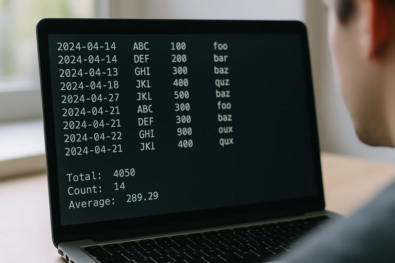 Écran de terminal montrant des données texte et un résumé avec un total, un compte et une moyenne.