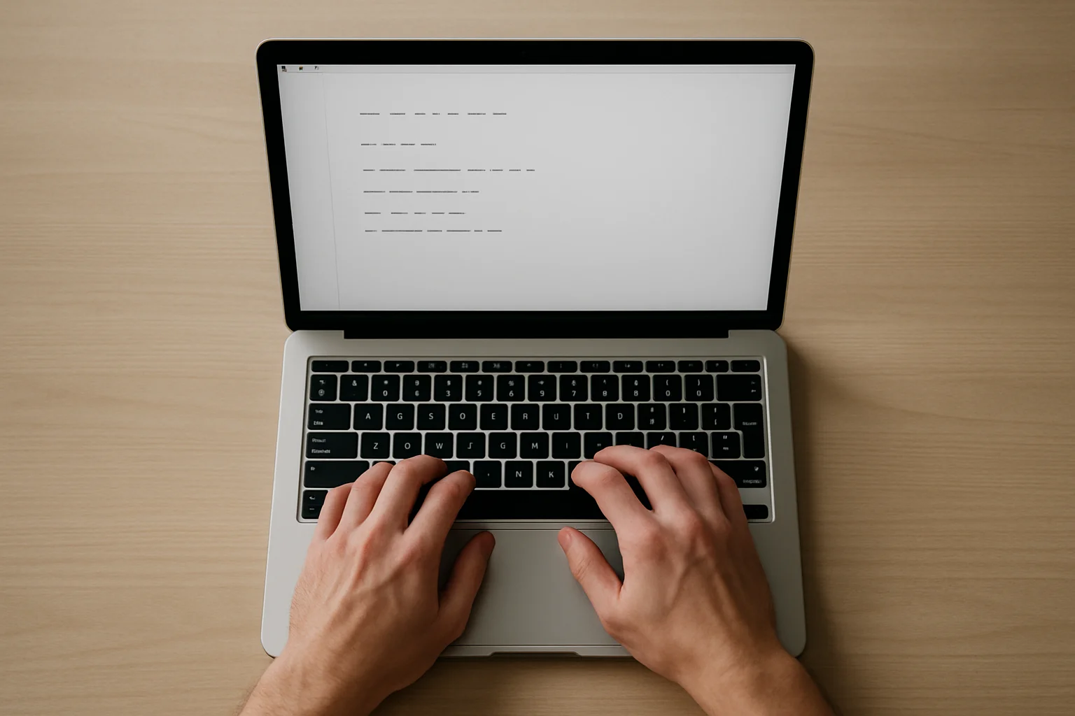 Vue de dessus d’un ordinateur portable sur un bureau nu pendant la création d’un fichier de test, avec une zone d’édition affichant plusieurs lignes de longueurs variées et des espacements visibles, sans texte lisible.