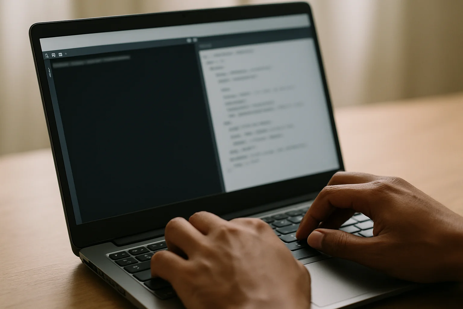 Mains cadrées en train de modifier un script sur un ordinateur portable Linux, avec des lignes d’écran illisibles.