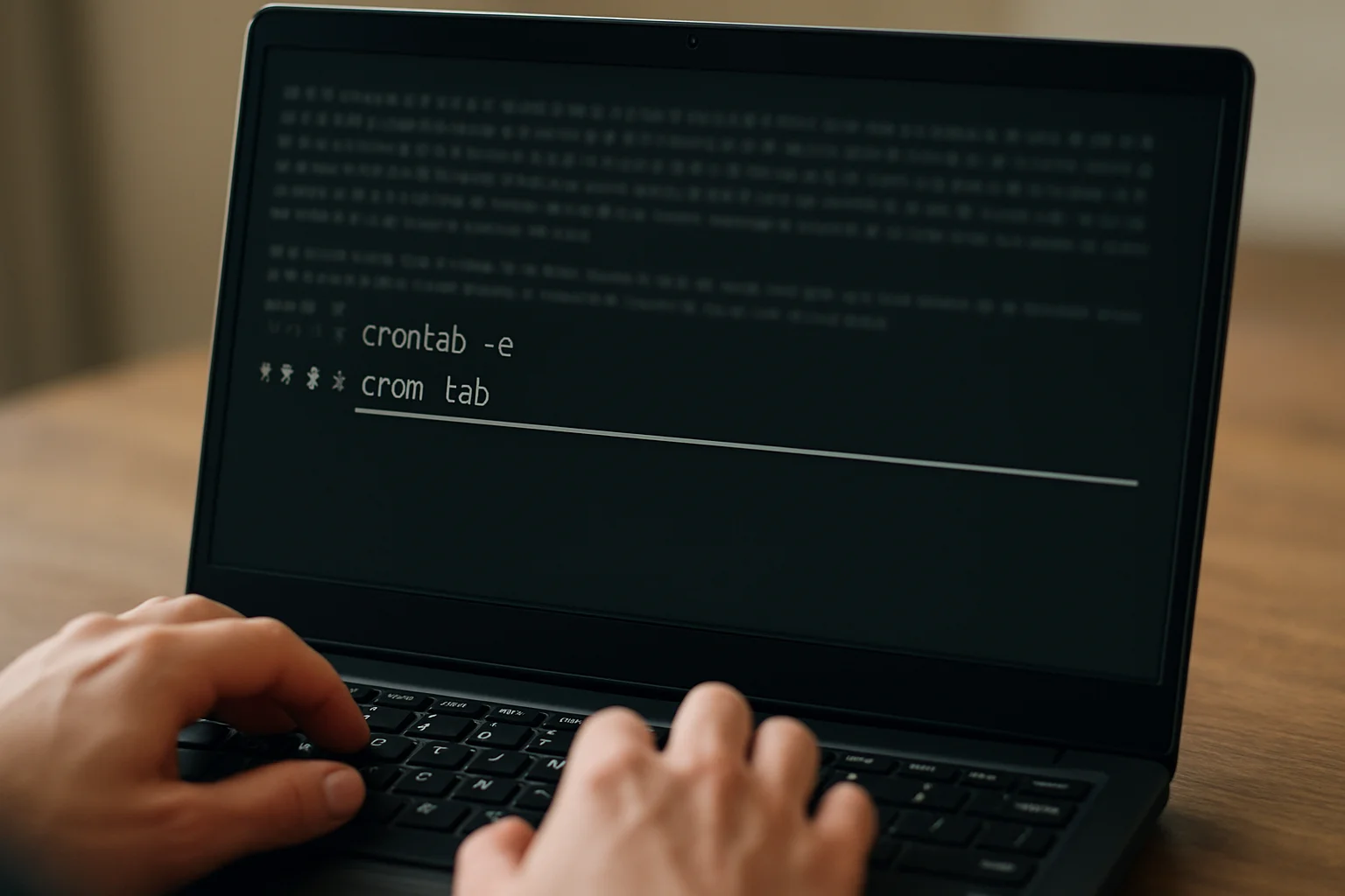 Mains sur le clavier d’un ordinateur portable Linux pendant l’ajout d’une tâche planifiée et la journalisation de sa sortie.