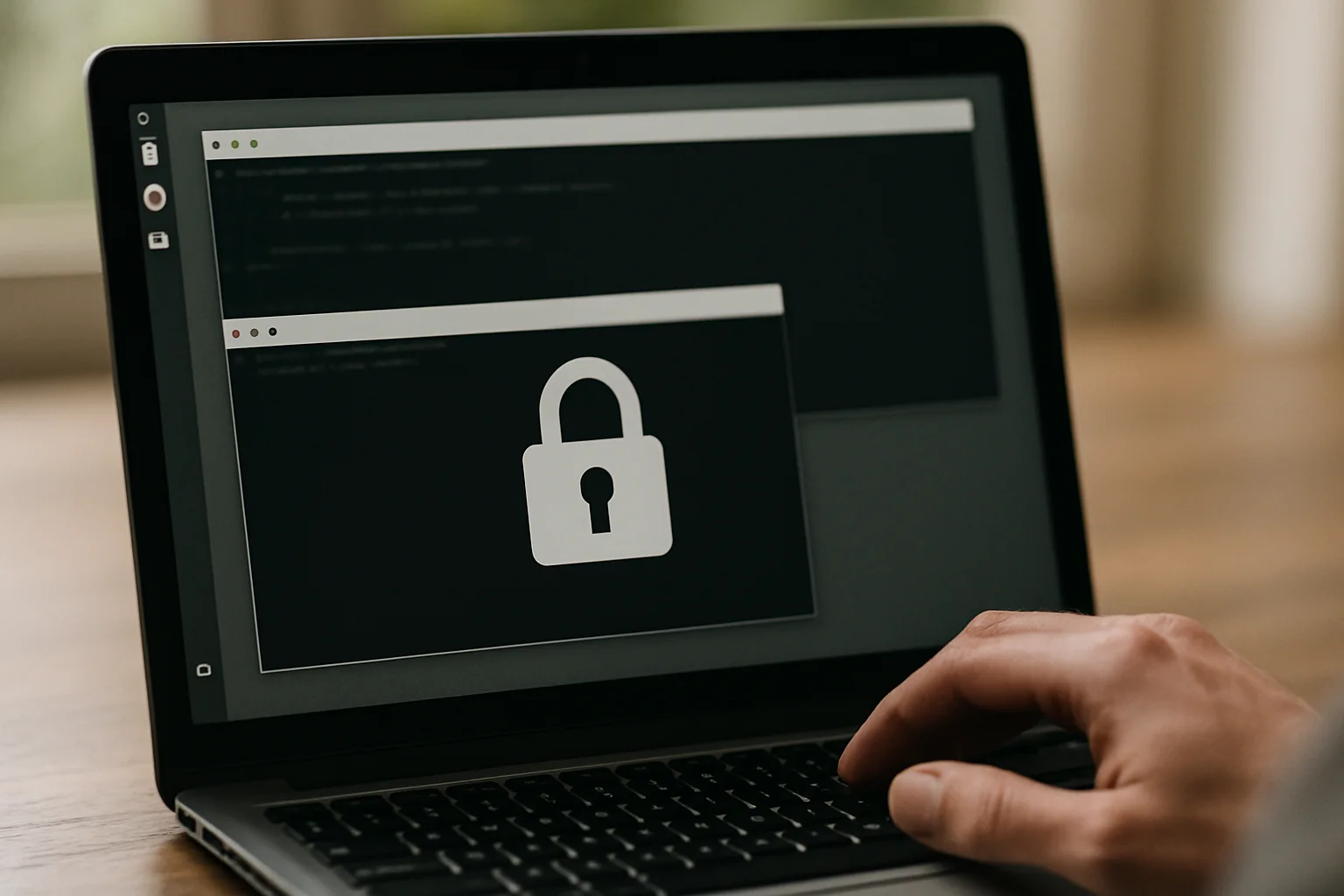Écran Linux montrant une tâche planifiée protégée par un verrou, avec une main près du clavier.