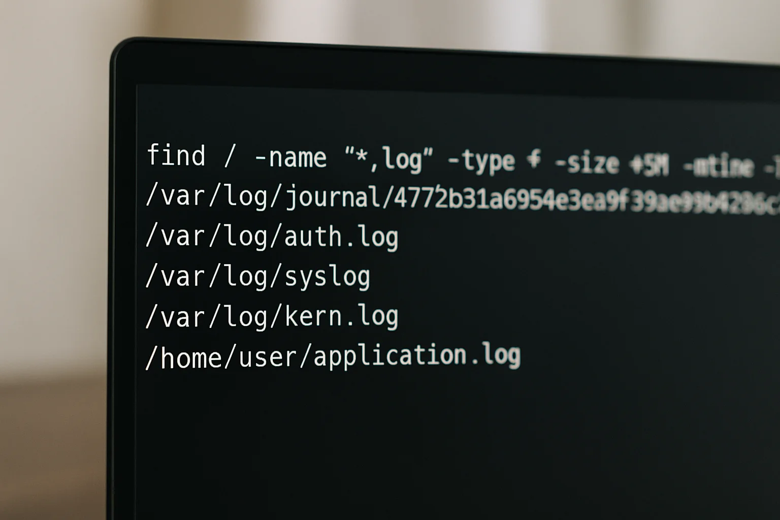 Fenêtre de terminal affichant une commande find combinant plusieurs critères, notamment le nom, le type, la taille et la date de modification.