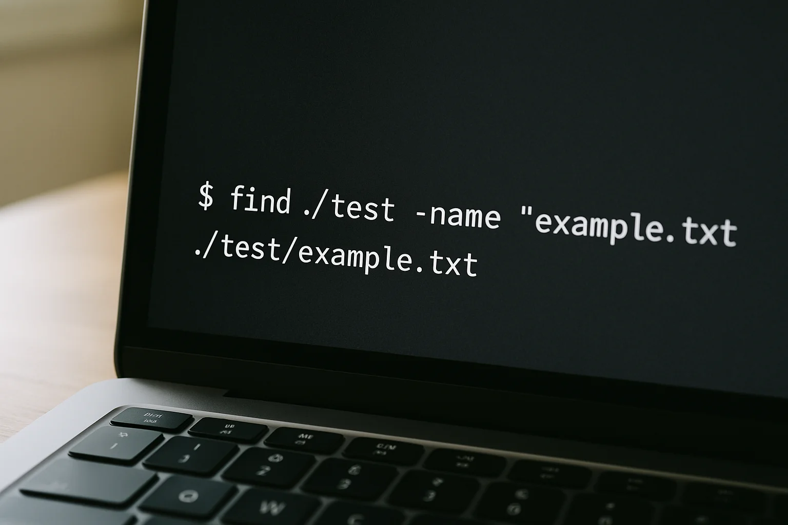 Écran d’ordinateur affichant un terminal avec une commande find utilisant l’option -name pour rechercher un fichier par nom dans un répertoire de test.