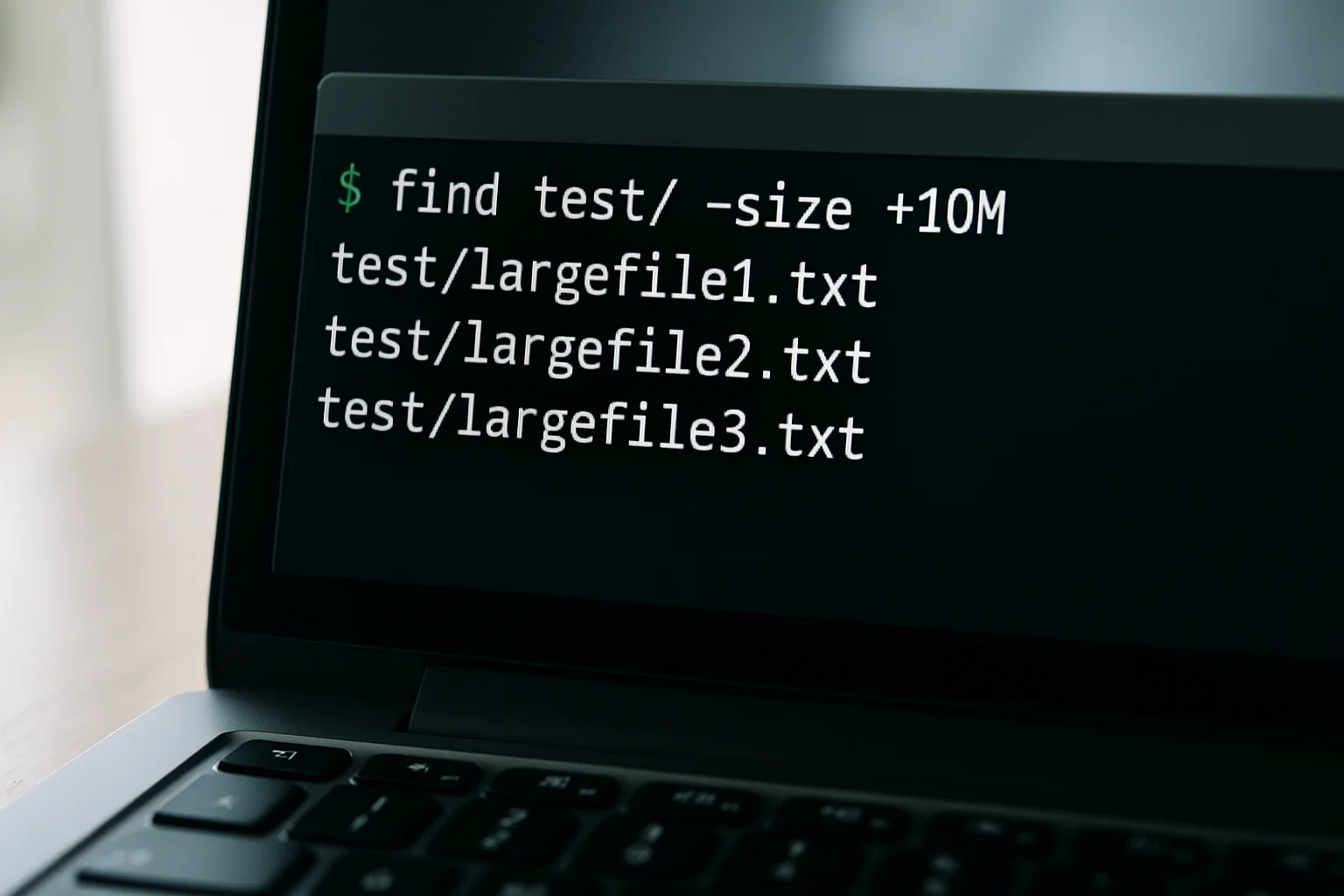 Terminal sur un ordinateur portable montrant une commande find avec l’option -size pour rechercher des fichiers selon leur taille.