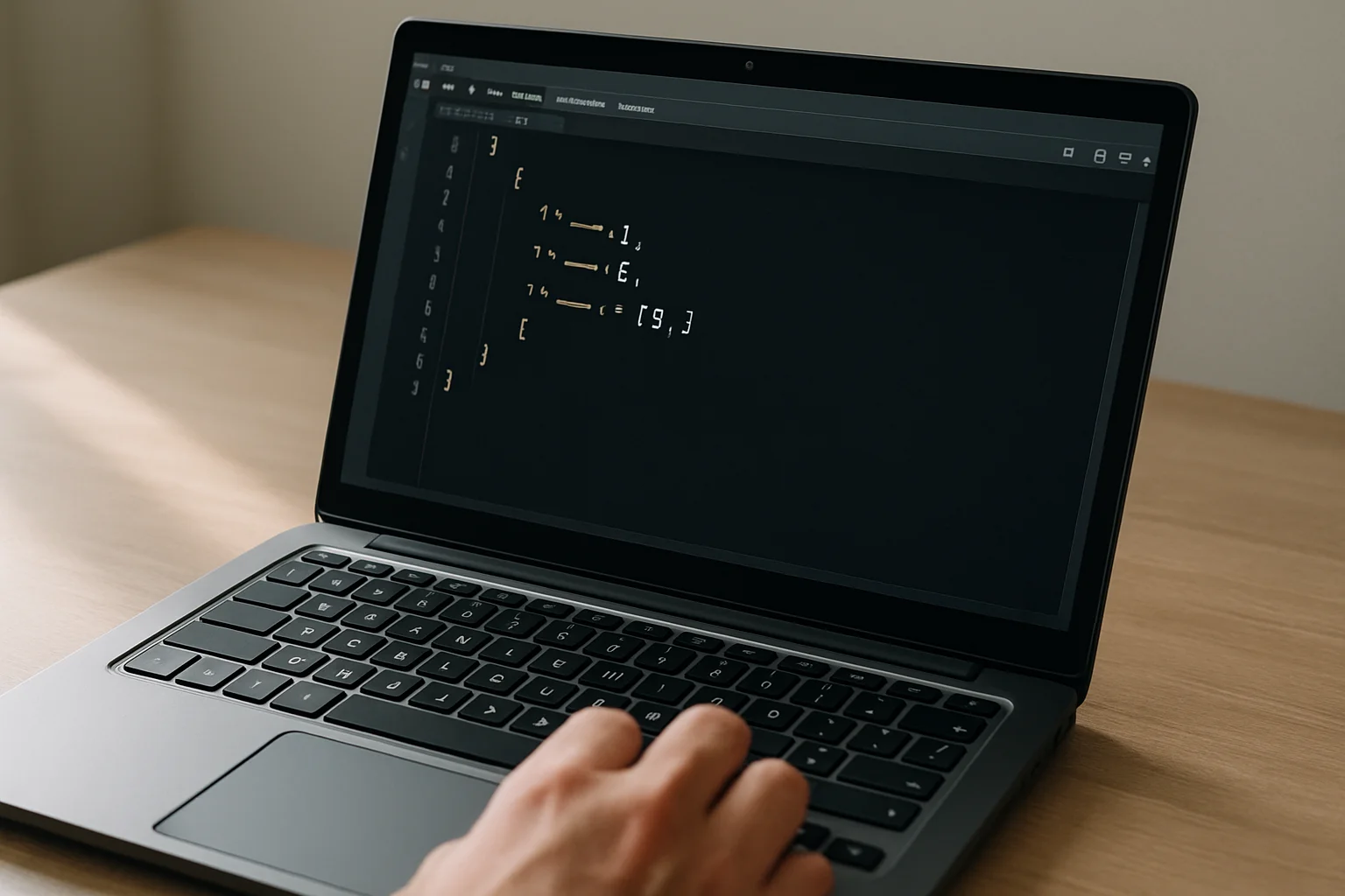 Gros plan sur un ordinateur portable Linux avec un éditeur affichant un petit fichier JSON de test en cours de création, avec une main près du clavier.