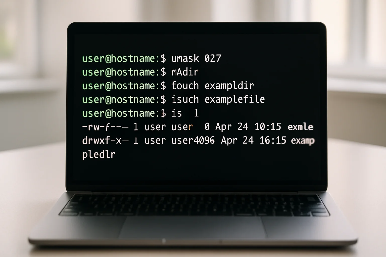 Terminal Linux montrant un test de umask avec création de fichiers ou dossiers et affichage des permissions obtenues.