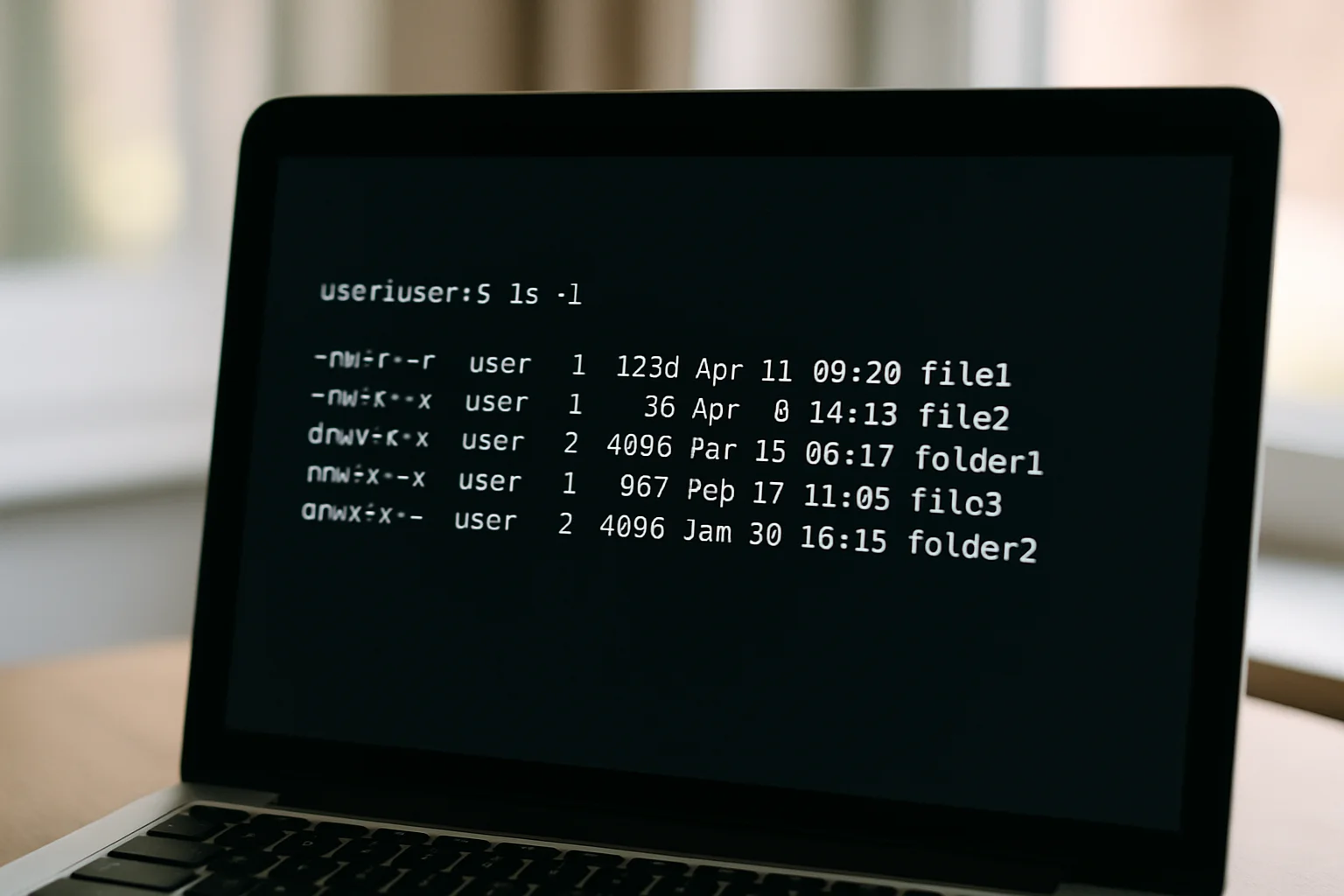 Écran d’un ordinateur affichant un terminal Linux avec la commande ls -l et une liste de fichiers et dossiers avec leurs permissions.