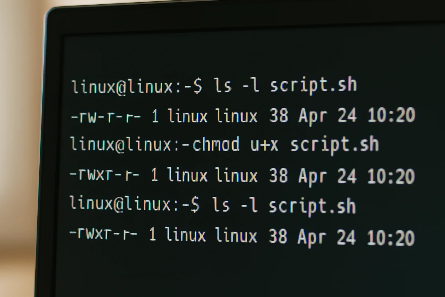 Terminal Linux montrant un script shell dont la permission d’exécution est ajoutée avec chmod u+x.
