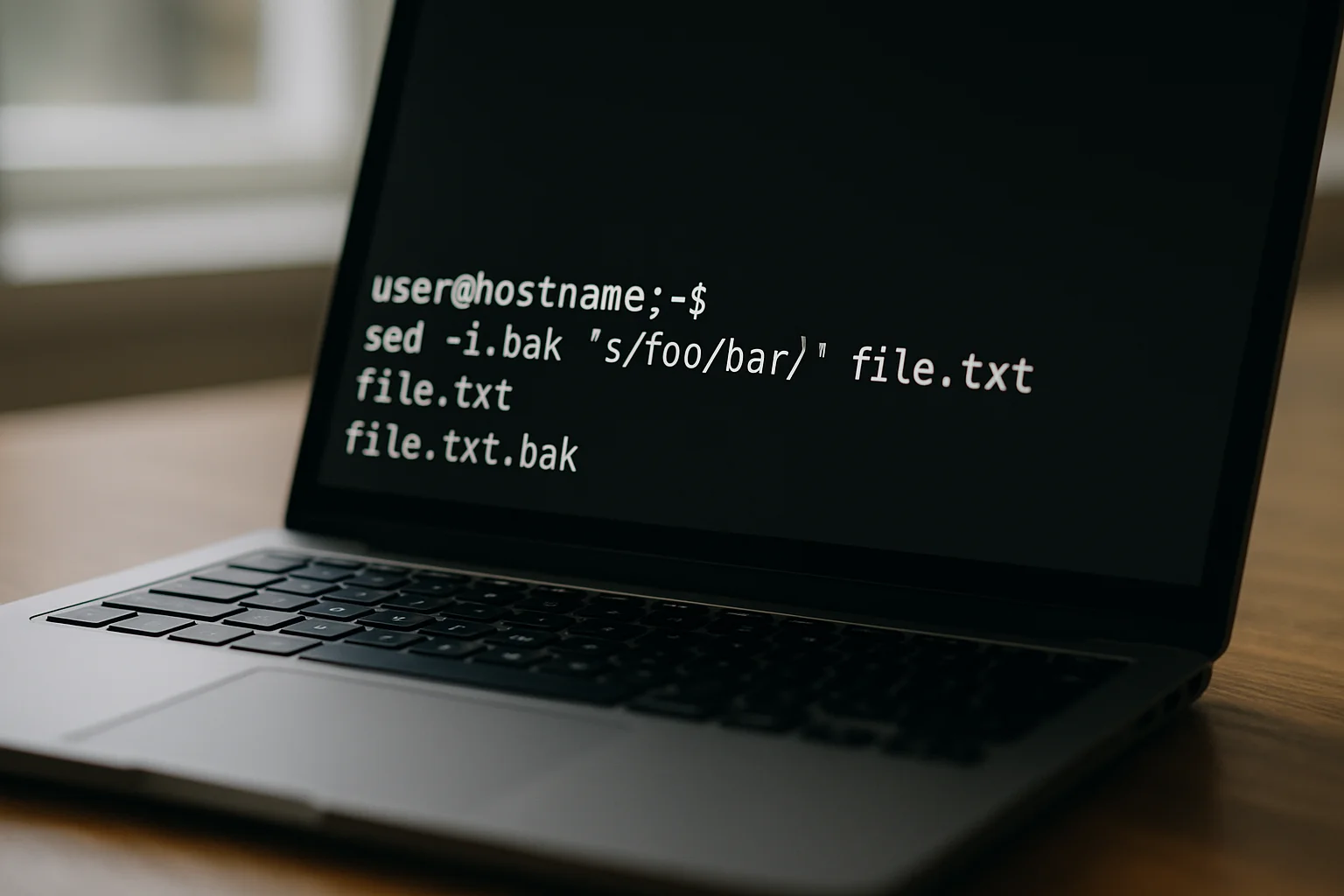 Vue rapprochée d’un terminal sur ordinateur portable montrant une modification prudente d’un fichier en place avec sed.