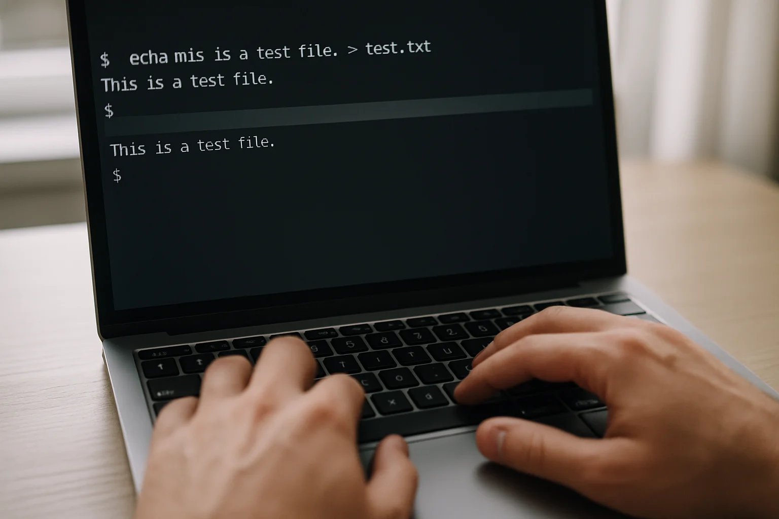 Gros plan réaliste sur un ordinateur portable où un fichier texte de test est créé dans un terminal, avec les mains sur le clavier.