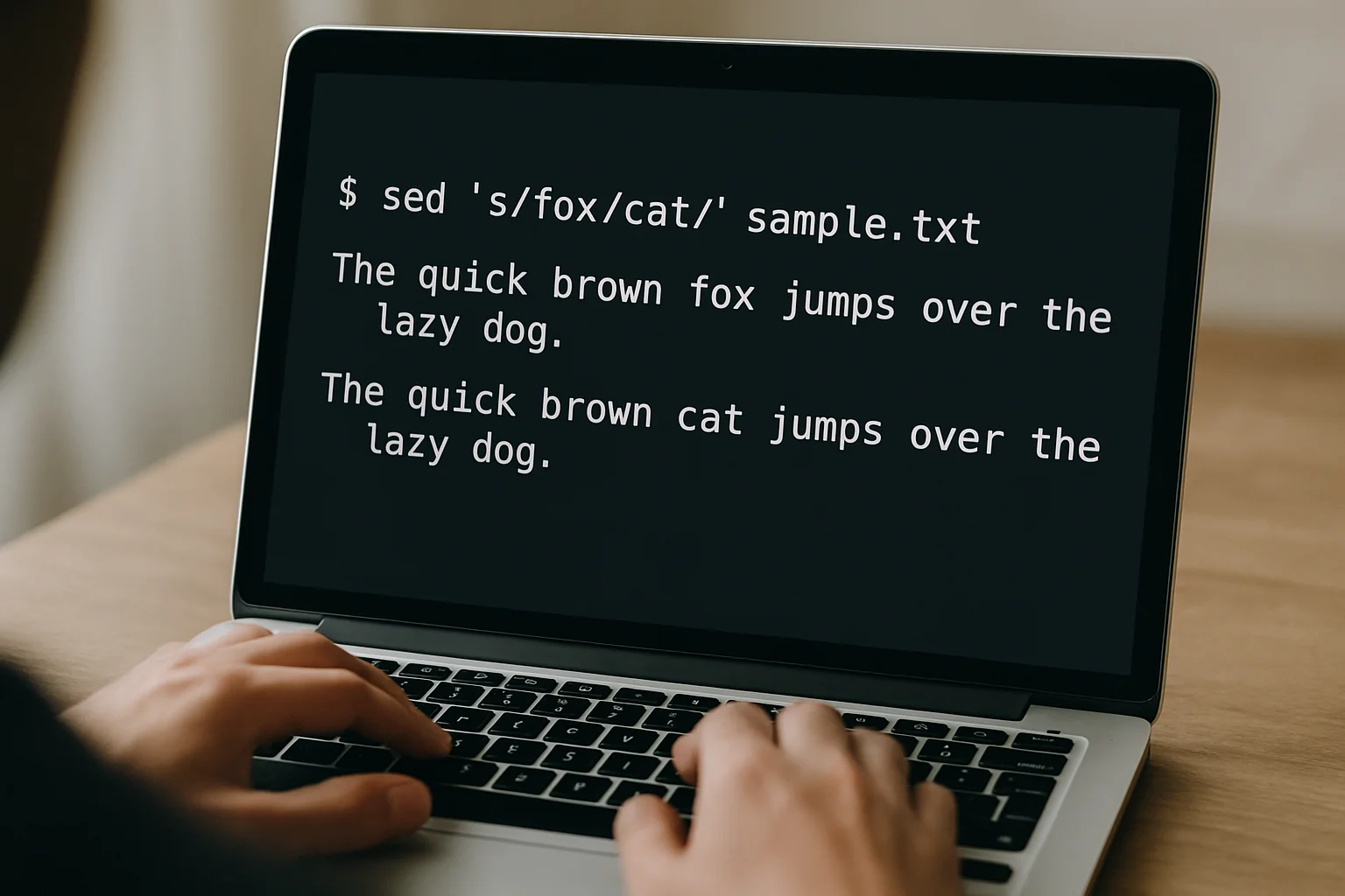 Ordinateur portable vu de près montrant dans le terminal un remplacement simple de texte avec sed, avec les mains au clavier.