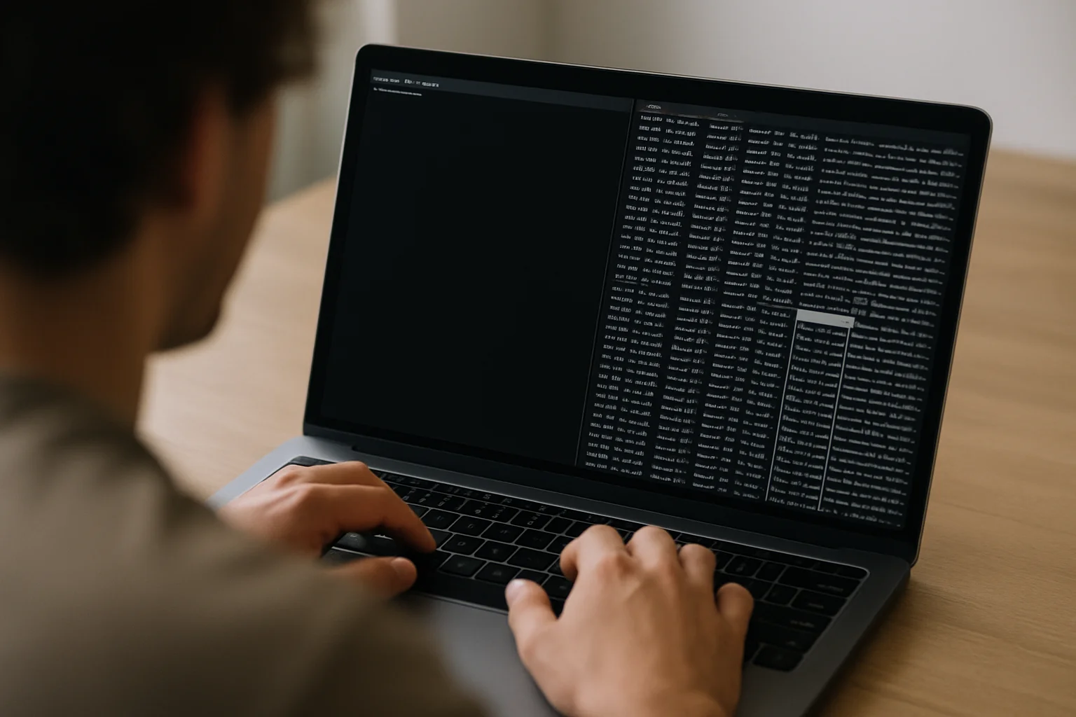 Vue par-dessus l’épaule d’un ordinateur portable affichant un terminal sombre et des lignes structurées, avec une colonne visuellement mise en évidence pour illustrer une extraction de colonne.