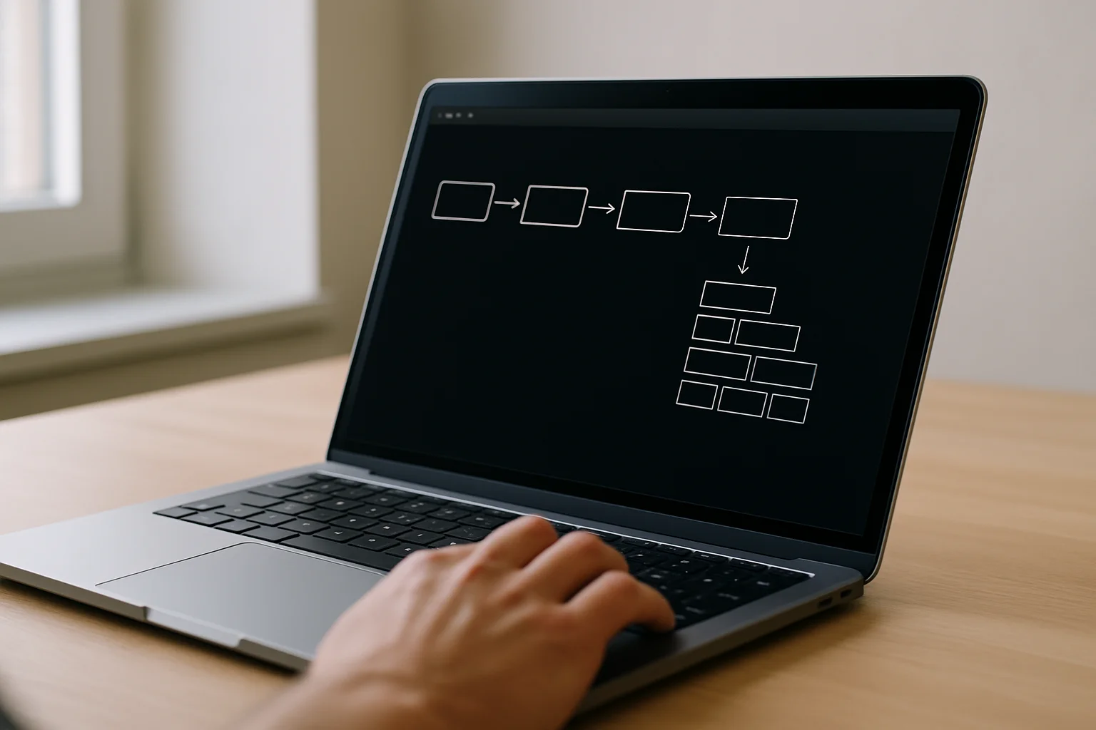 Vue latérale d’un ordinateur portable avec un terminal affichant une suite d’étapes enchaînées et un résultat empilé, pour illustrer une analyse rapide de logs.