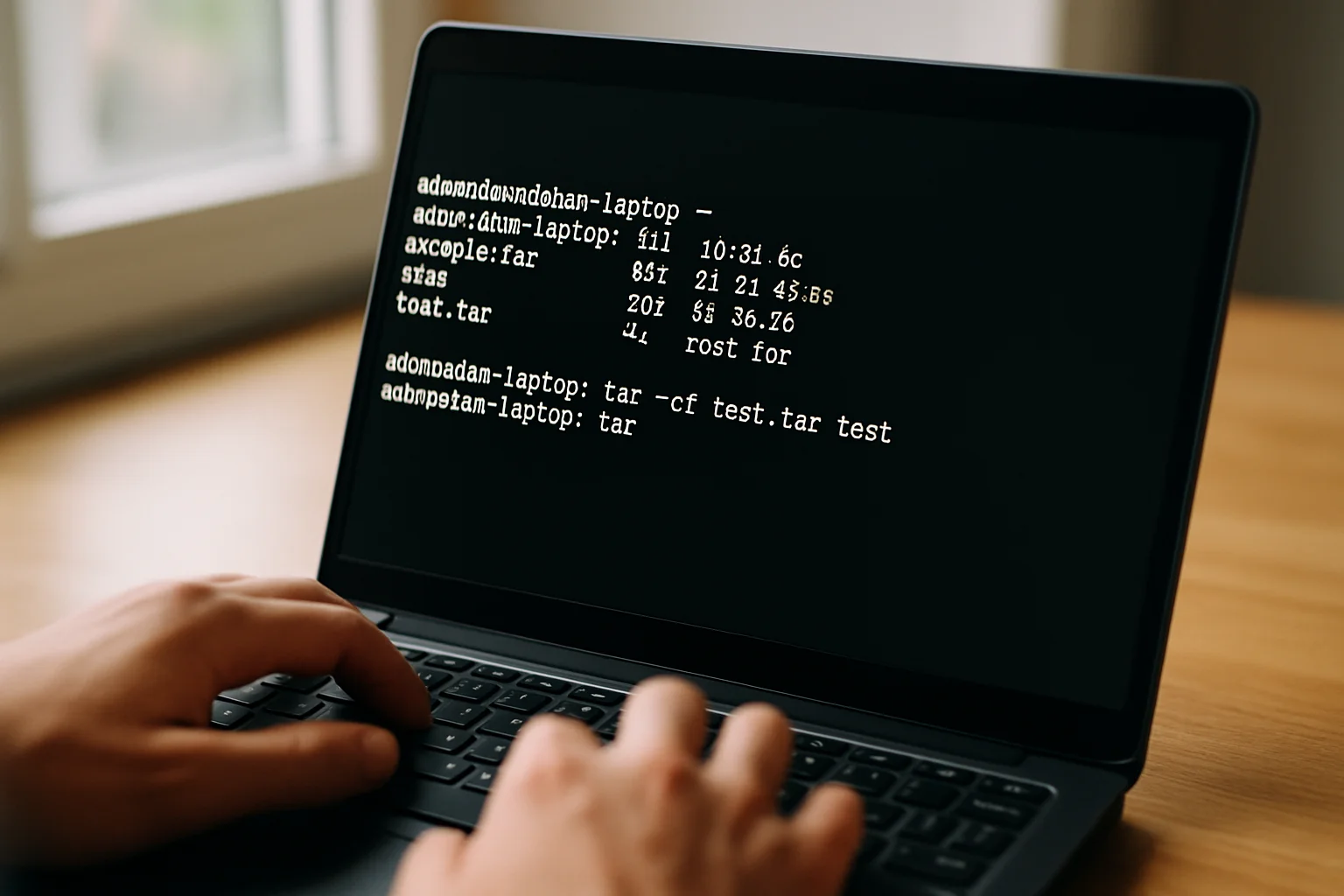 Gros plan d’un ordinateur portable sous Linux montrant un terminal qui crée une archive .tar à partir d’un dossier de test, avec des mains sur le clavier.