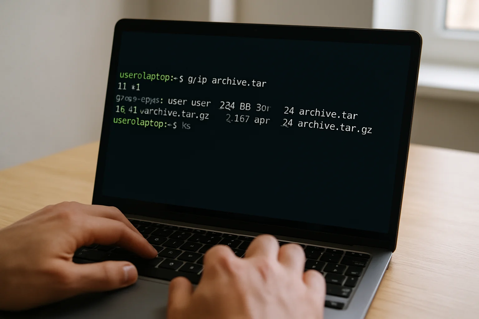 Ordinateur portable affichant un terminal Linux en train de compresser une archive .tar avec gzip, avec une liste de fichiers visible à l’écran.