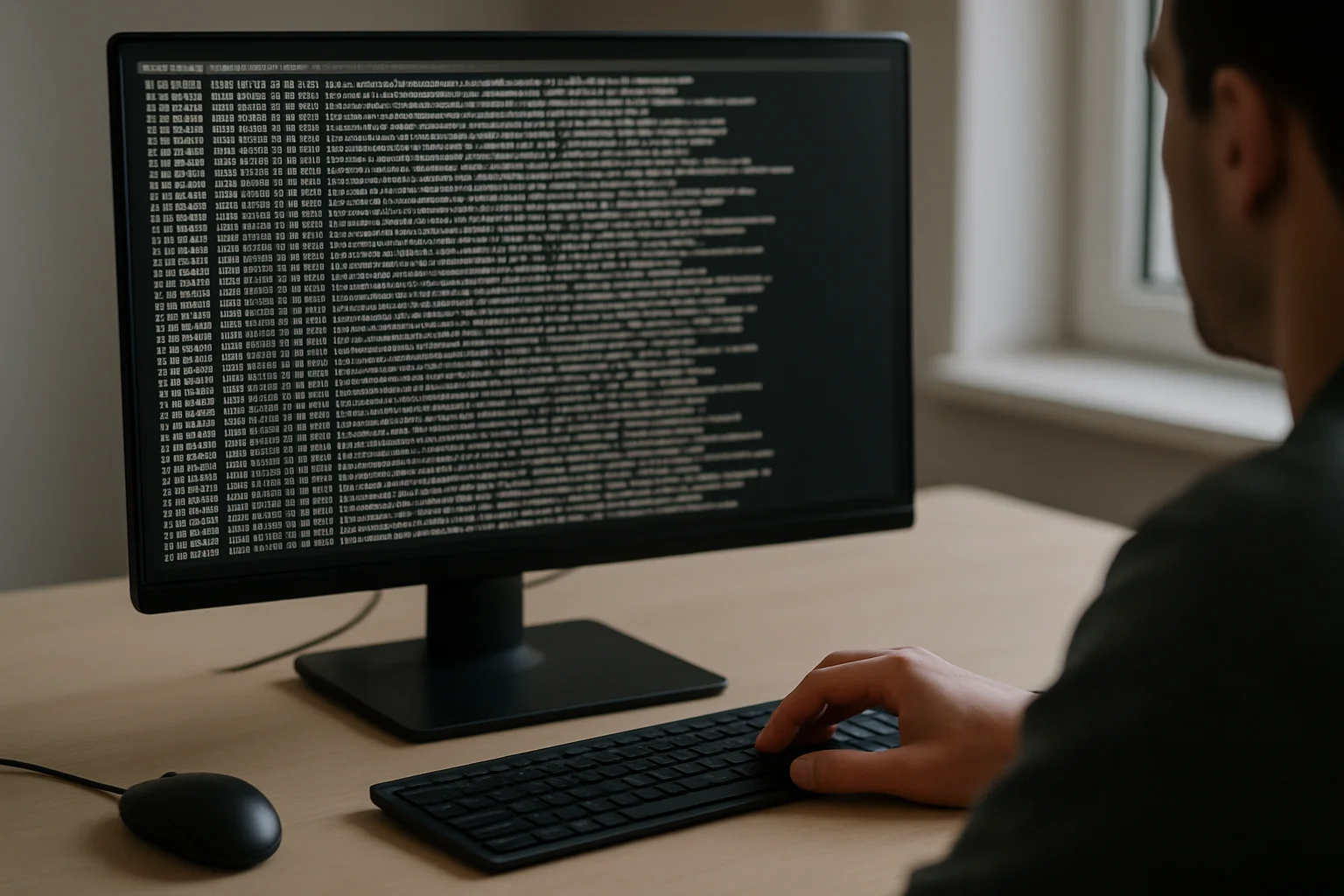 Ordinateur affichant un terminal avec une longue sortie en cours, pendant qu’une personne surveille la commande et sa journalisation.