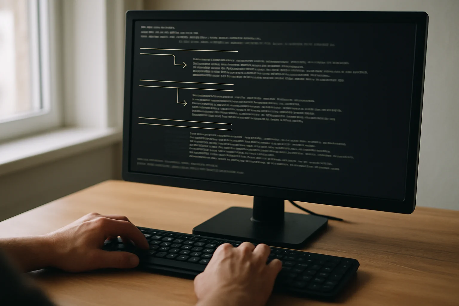 Poste informatique avec un terminal affiché sur un écran, les mains d’une personne près du clavier, illustrant un pipeline où une sortie est à la fois transmise et enregistrée.