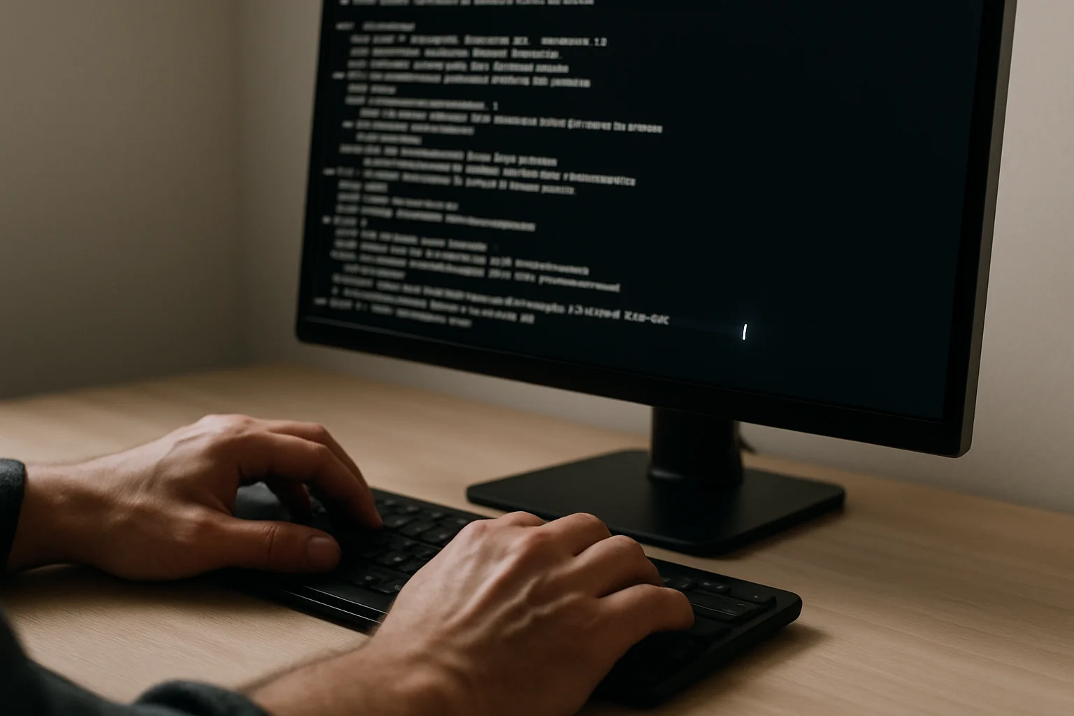 Gros plan sur un écran avec terminal et sur les mains d’une personne, montrant l’écriture dans un fichier protégé avec des privilèges élevés.