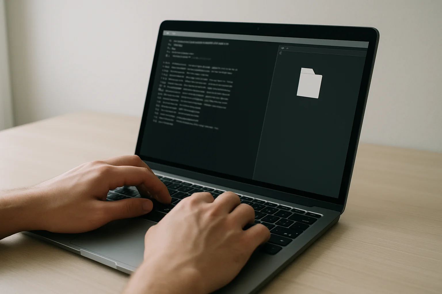 Des mains utilisent un ordinateur portable sur un bureau pour rediriger une sortie vers un fichier, dans une scène sobre éclairée par la lumière du jour.