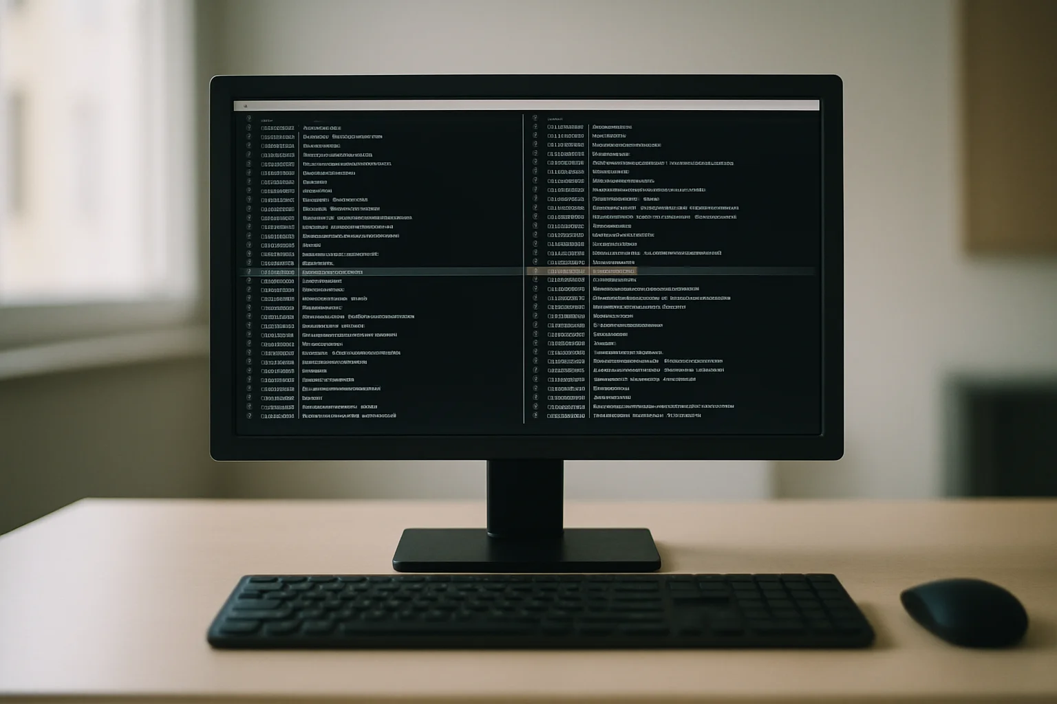 Écran d’ordinateur et clavier sur un bureau simple, avec une session de terminal affichant la comparaison de deux fichiers texte en colonnes, mettant en évidence des lignes communes et différentes.