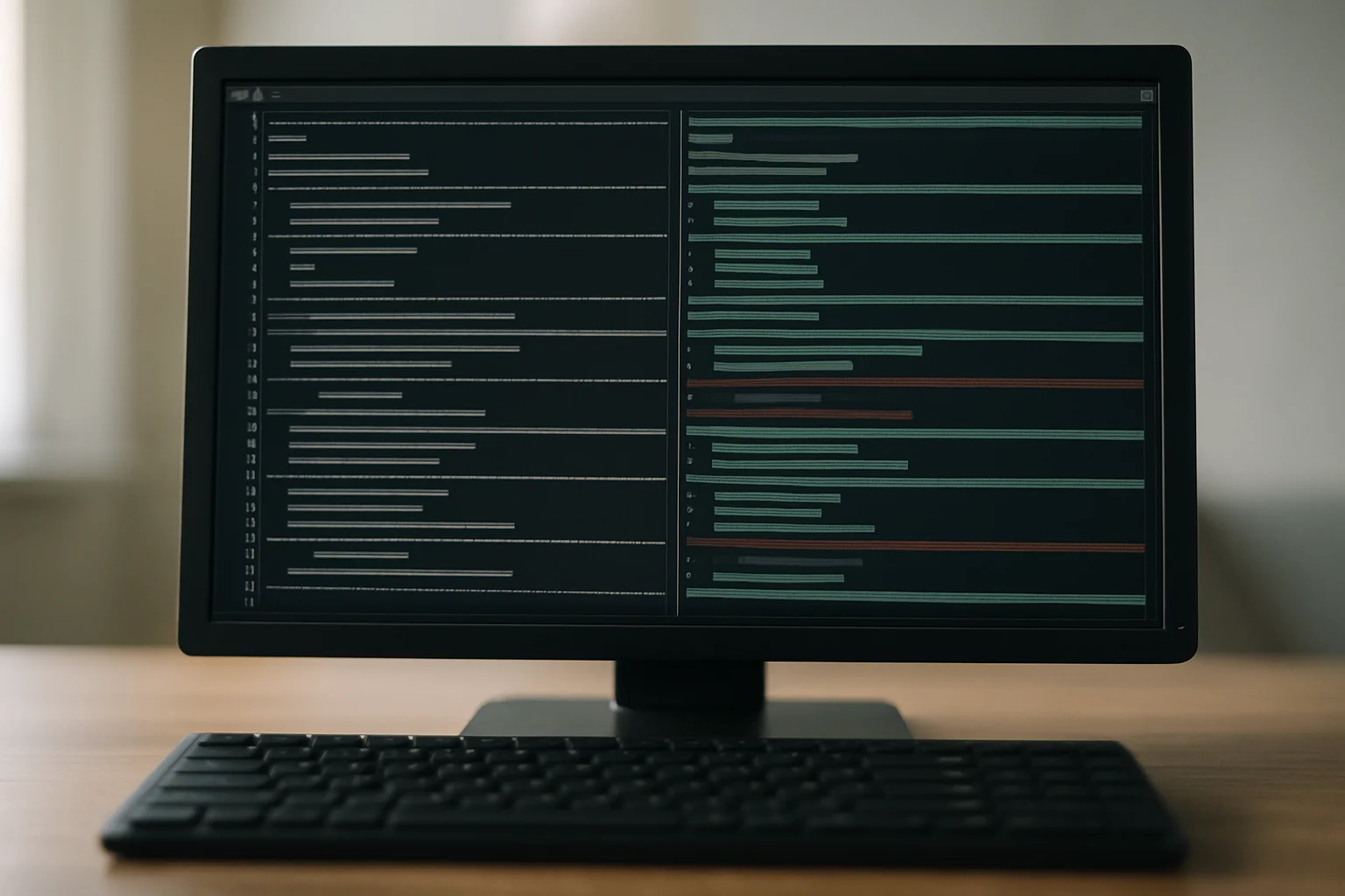 Fenêtre de terminal sur un écran d’ordinateur affichant une comparaison ligne par ligne entre deux fichiers texte, suggérant des modifications précises entre les versions.