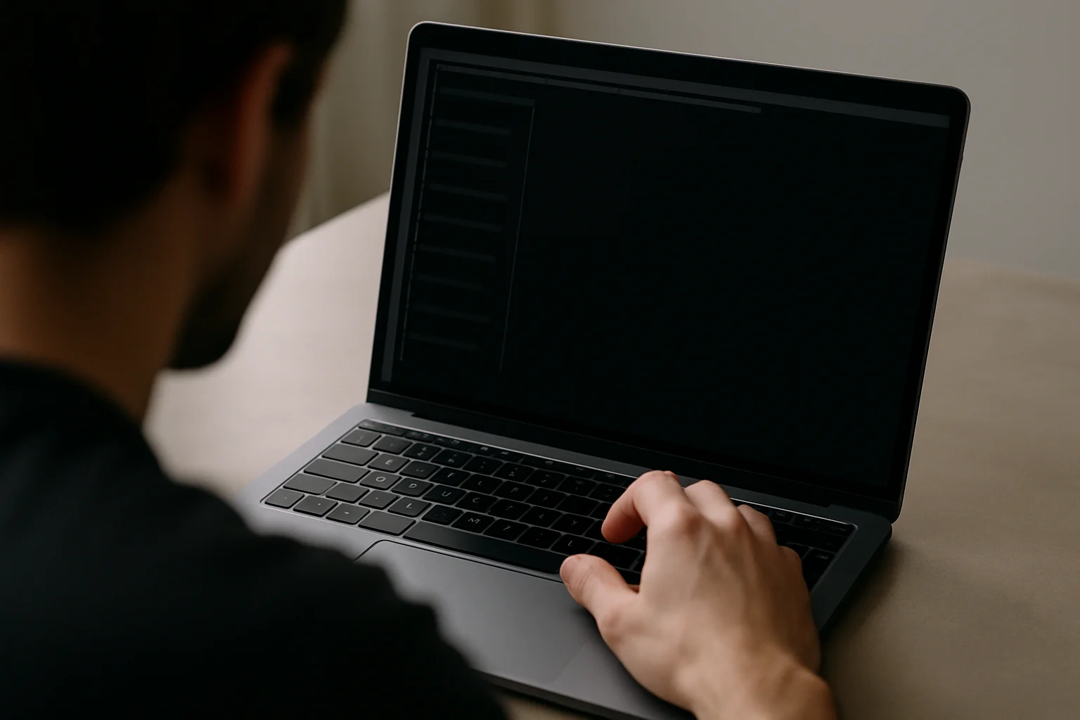 Vue par-dessus l’épaule d’une personne lançant une commande dans un terminal flou sur un ordinateur portable, avec une scène très épurée.
