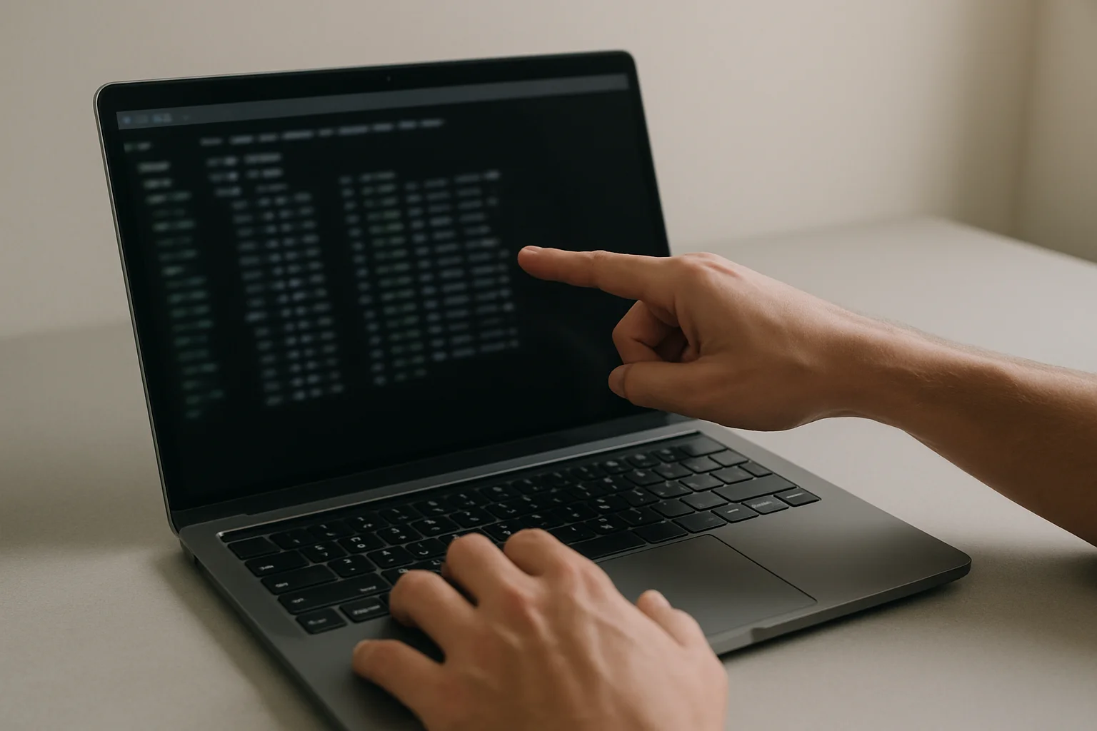 Un ordinateur portable sur un bureau sobre, avec une interface de terminal floue à l’écran et des mains qui examinent les résultats liés à la taille des fichiers.