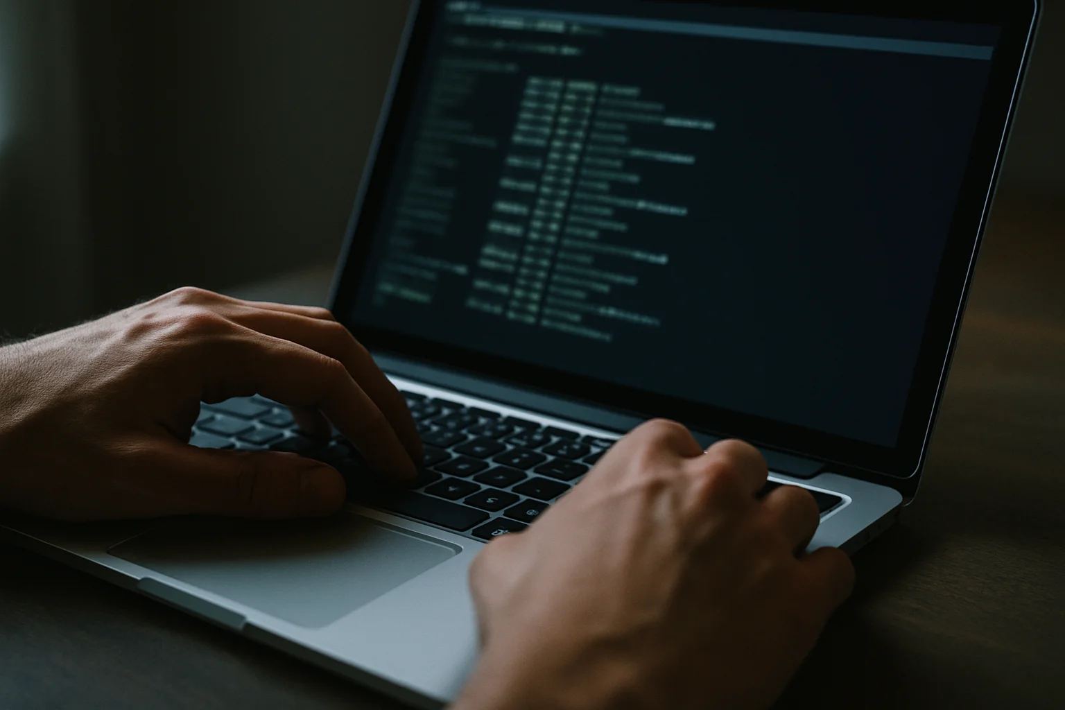 Gros plan de mains utilisant un ordinateur portable pour vérifier prudemment des permissions de fichiers dans une fenêtre de terminal non lisible.