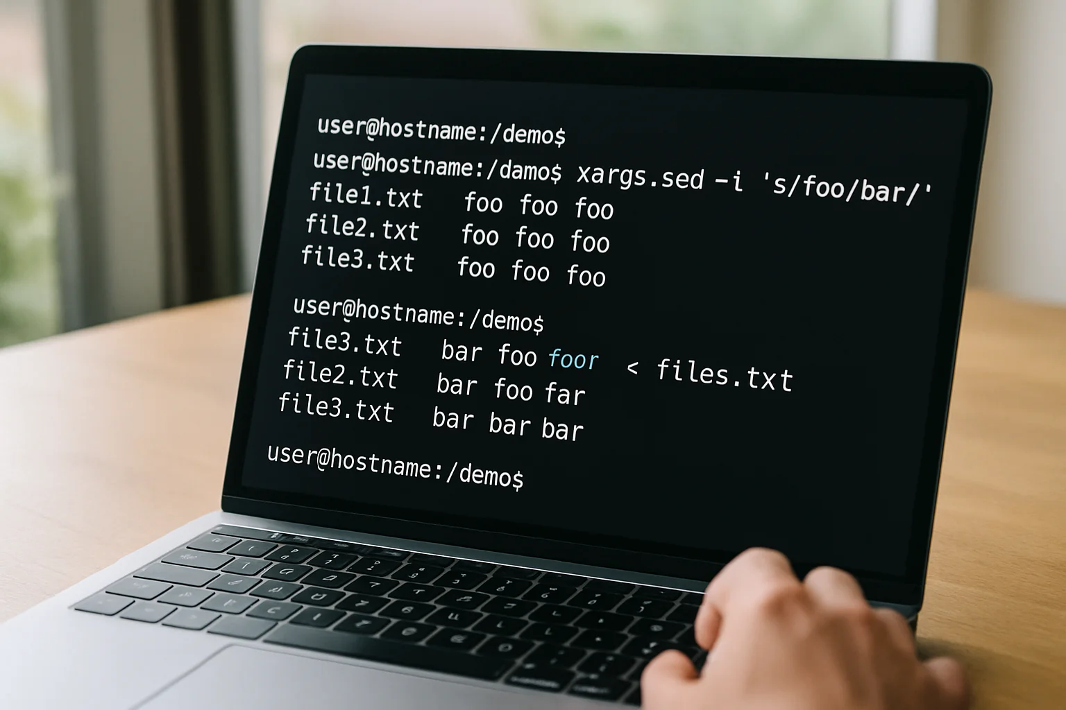 Photo réaliste d’un terminal d’ordinateur portable utilisant xargs avec sed pour modifier plusieurs fichiers en masse dans un répertoire de démonstration.