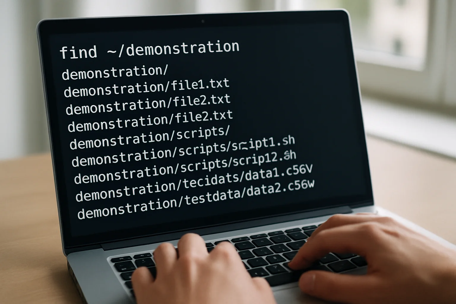 Gros plan réaliste d’un ordinateur portable affichant un terminal où la commande find liste des fichiers dans un répertoire de démonstration, avec des mains en train de taper sans visage visible.