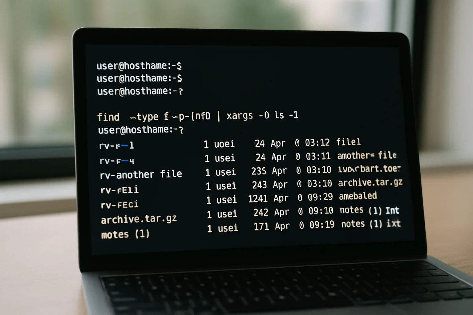Photographie réaliste d’un terminal sur ordinateur portable montrant une commande robuste avec find -print0 et xargs -0 pour traiter des noms de fichiers avec précaution.
