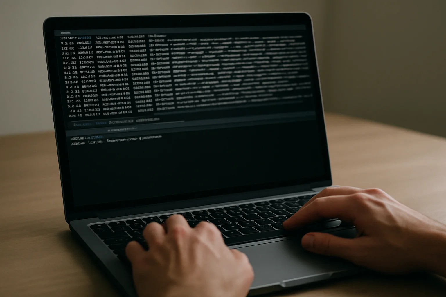 Gros plan réaliste sur un ordinateur portable avec un terminal affiché, des mains en train de filtrer les journaux pour un service précis.