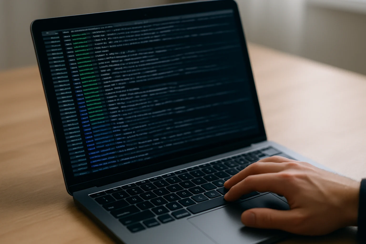 Ordinateur portable affichant un terminal qui se met à jour en direct, avec une main prête à suivre les nouveaux journaux.