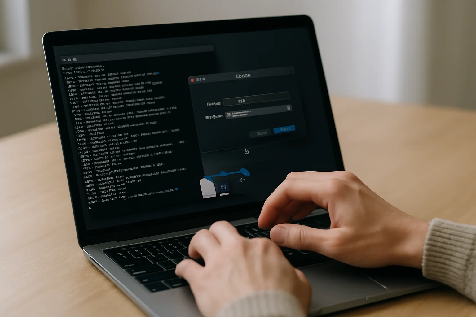 Scène réaliste d’un ordinateur portable où un terminal sert à exporter un diagnostic propre à partir des journaux.