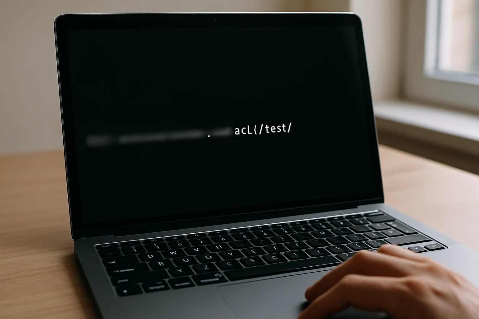 Gros plan réaliste d’un ordinateur portable avec un terminal Linux affiché pendant l’attribution d’un droit précis à un utilisateur sur un dossier de test, avec une main sur le clavier.
