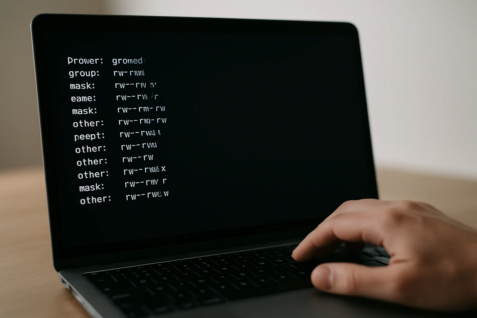 Photo réaliste d’un écran avec un terminal Linux affichant la vérification détaillée des ACL d’un répertoire avant validation, dans un espace de travail minimal.