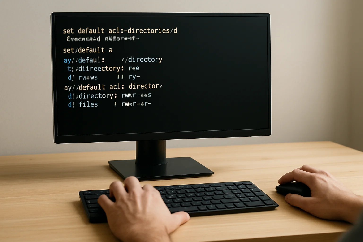 Photo réaliste d’un terminal Linux pendant la définition d’ACL par défaut sur un répertoire, avec les mains utilisant le clavier et la souris dans un cadre sobre.