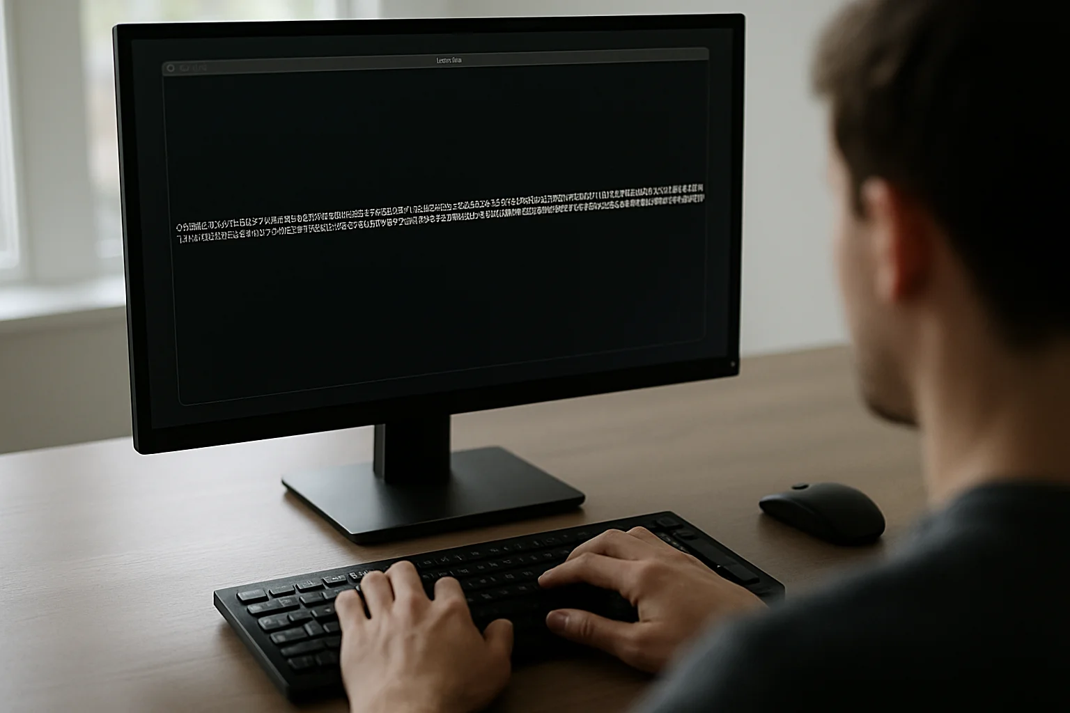Une personne tape au clavier devant un terminal affiché à l’écran, avec une séquence numérique générée sur une seule ligne dans un espace de travail épuré.