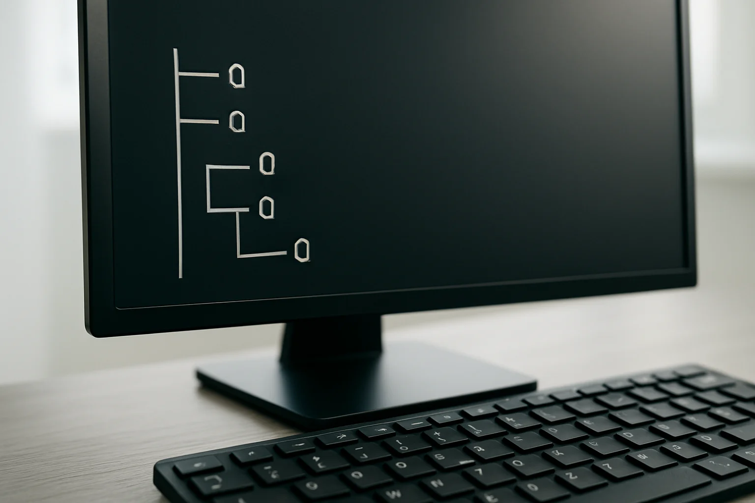 Un terminal affiché sur un écran présente le résultat de la création de plusieurs dossiers imbriqués, avec un clavier au premier plan.