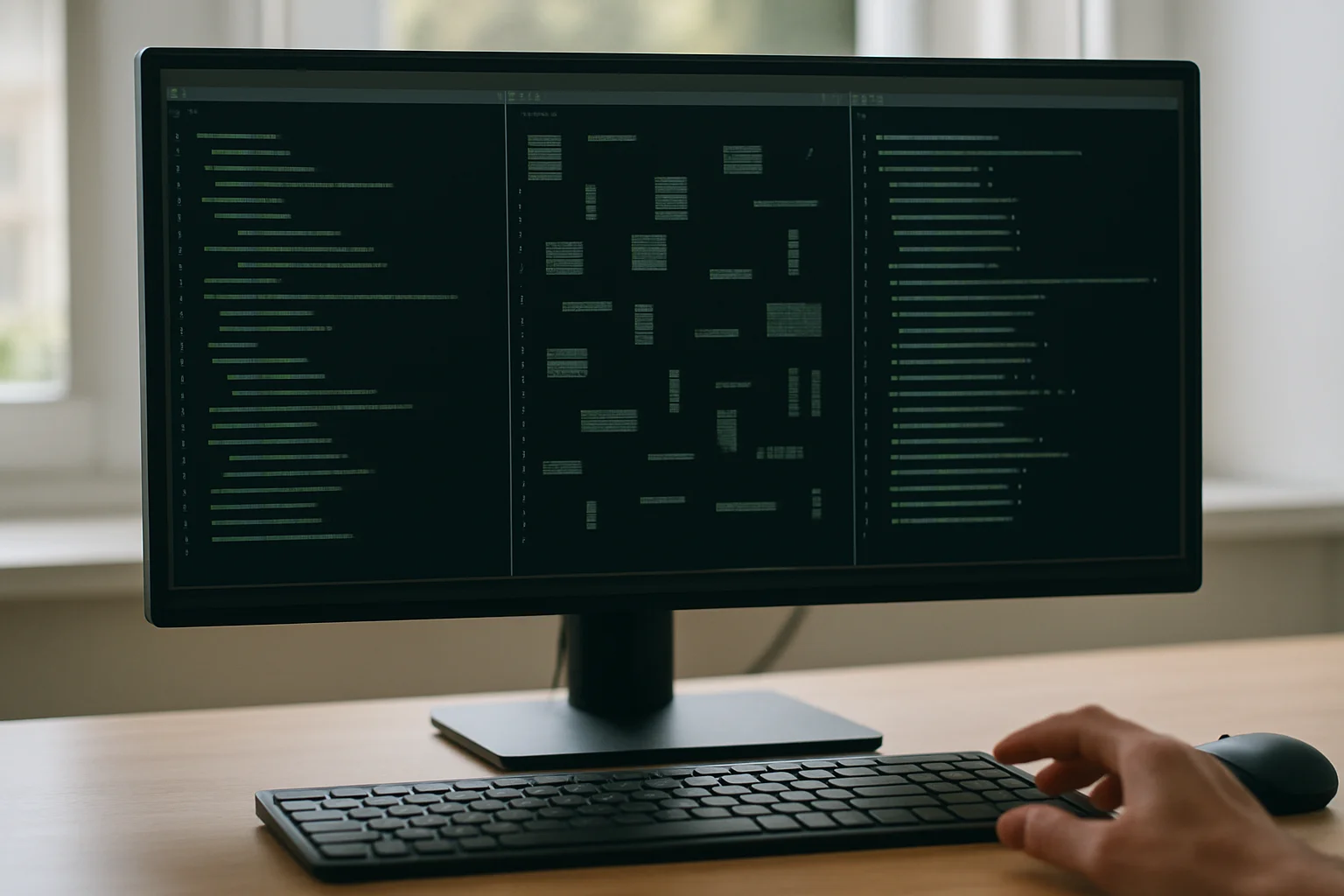 Écran partagé en trois volets de style terminal, montrant trois traitements visuels différents de lignes abstraites pour comparer trois outils.
