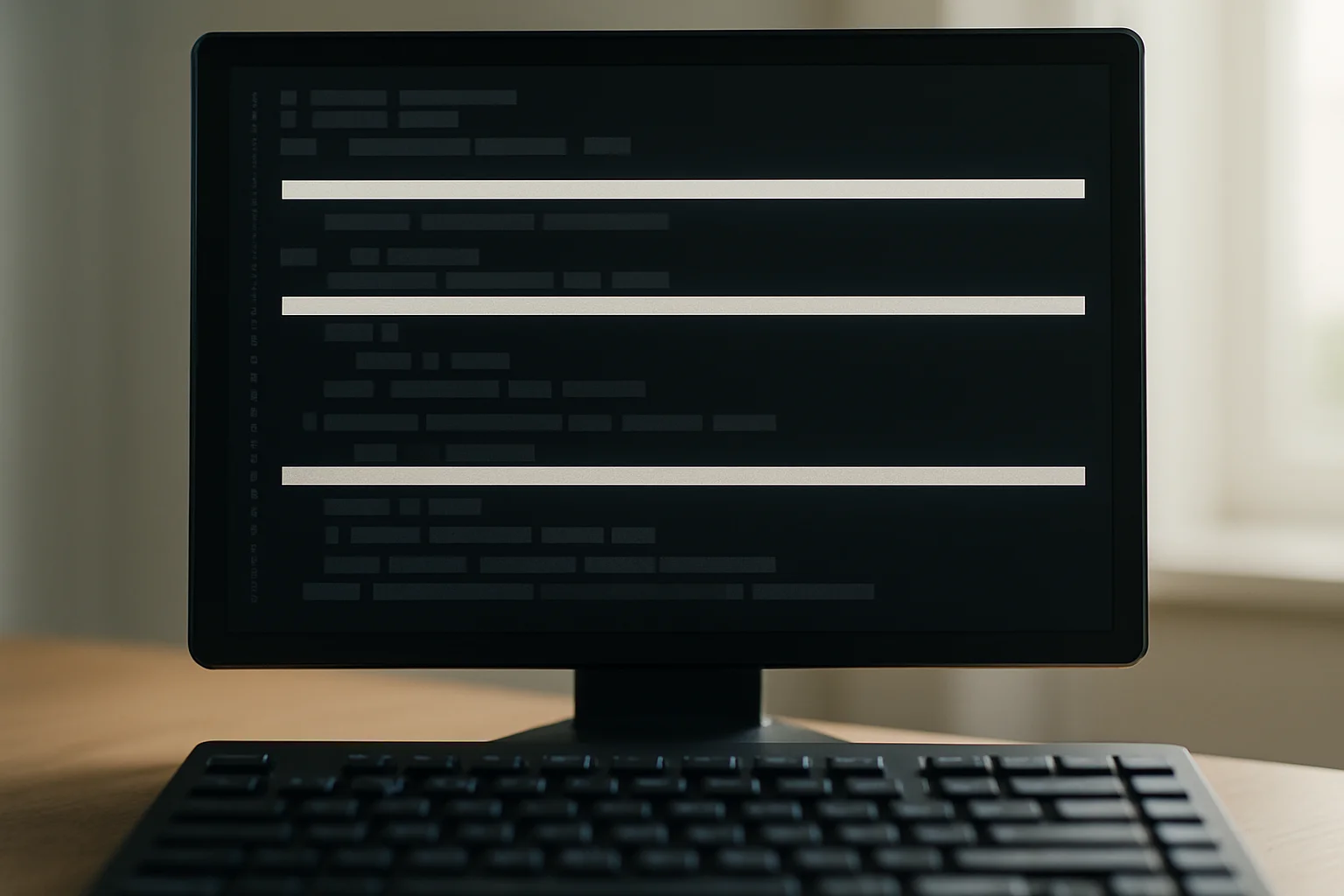 Gros plan d’un écran montrant des lignes abstraites dans une interface de terminal, avec des lignes complètes mises en évidence sur toute leur largeur tandis que des segments internes ne le sont pas.