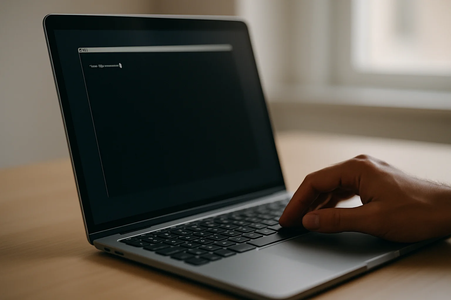 Ordinateur portable vu de côté avec un terminal affichant l’envoi d’une courte ligne unique vers une commande, une main en train d’appuyer sur une touche, sur un bureau épuré.