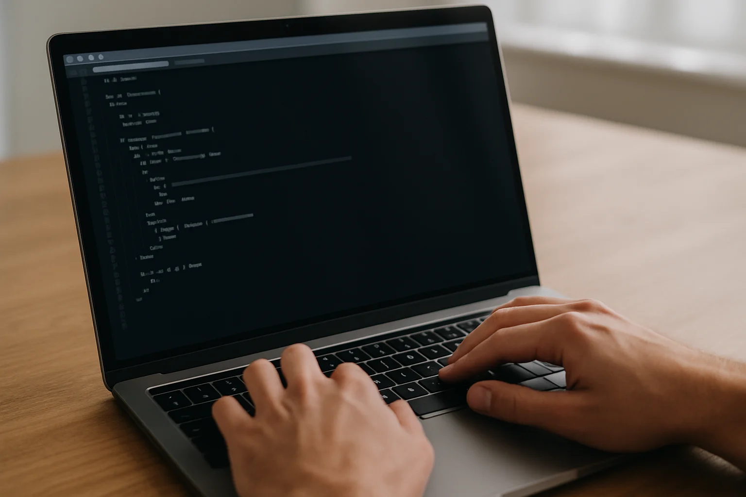 Plan rapproché d’un ordinateur portable avec des mains en train de taper dans un terminal montrant un bloc structuré intégré à un flux de script shell, sur un bureau en bois éclairé naturellement.