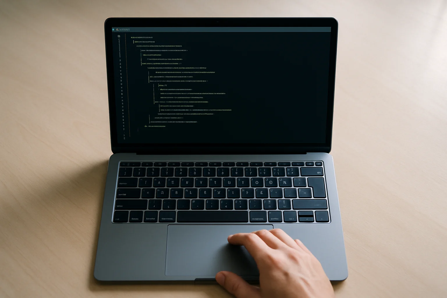 Vue de dessus d’un ordinateur portable avec un terminal affichant un bloc de plusieurs lignes indentées de façon régulière, une main près du pavé tactile, sur un bureau simple éclairé par la lumière du jour.