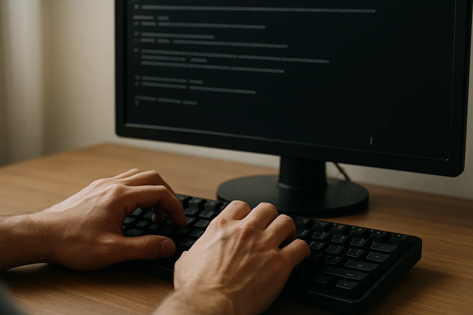 Des mains sur un clavier devant un écran affichant un terminal, au moment où une tâche au premier plan est interrompue.