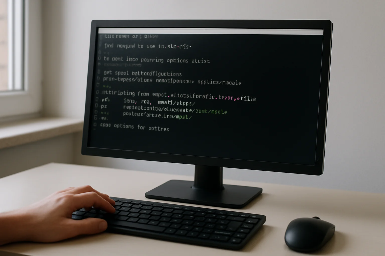 Un ordinateur Linux sur un bureau simple affiche un éditeur en terminal pendant la modification des options de montage pour activer les quotas, avec un clavier, une souris et une main proche du clavier.