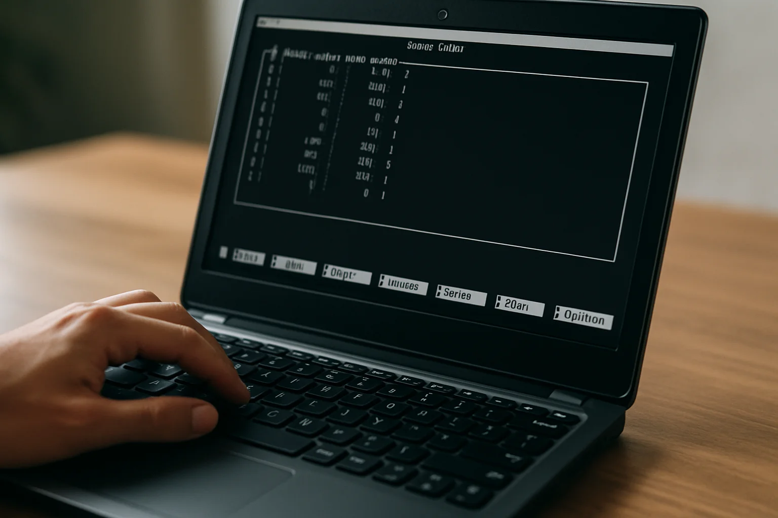 Un ordinateur portable Linux en gros plan montre une interface d’édition en terminal pendant le réglage des limites de quota, avec une main sur le clavier.
