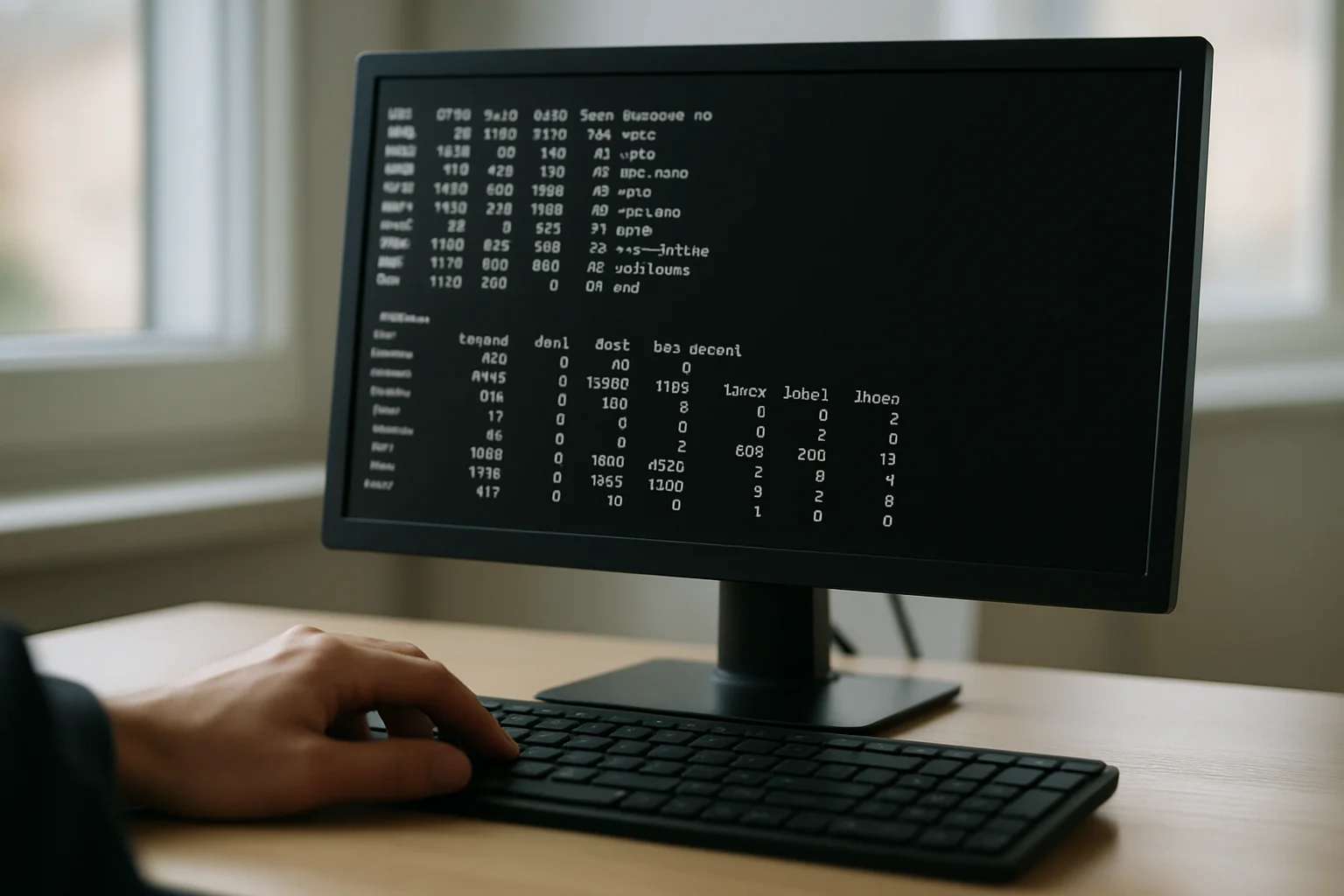 Un écran Linux affiche une session de terminal pour vérifier l’utilisation du disque et l’état des quotas, avec un clavier au premier plan et une main à proximité.